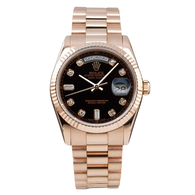 ROLEX DAY-DATE 36 ROSE GOLD BLACK DIAMOND DIAL FULL SET 2006 REF: 118235