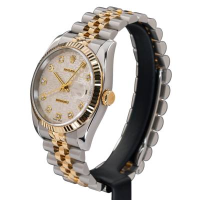 ROLEX DATEJUST 36 TWO TONE YELLOW GOLD STEEL JUBILEE SILVER DIAMOND DIAL 2004 BOX+PAPERS REF: 116233