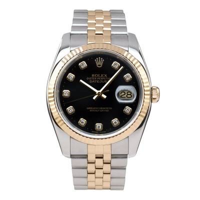ROLEX DATEJUST 36MM TWO TONE YELLOW GOLD STEEL JUBILEE BLACK DIAMOND DIAL FULL SET 2006 REF: 116233