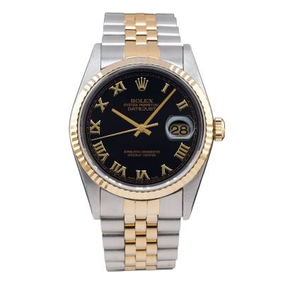 ROLEX DATEJUST 36MM TWO TONE YELLOW GOLD STEEL BLACK ROMAN DIAL FULL SET 1996 REF: 16233