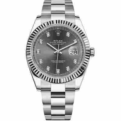 ROLEX DATEJUST 41 RHODIUM DIAMOND DIAL OYSTER STEEL FLUTED BEZEL REF: 126334