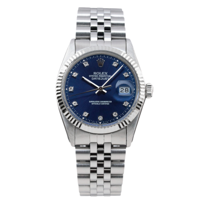 ROLEX DATEJUST 36MM STEEL BLUE DIAL DIAMONDS FLUTED BEZEL  JUBILEE FULL SET REF: 16014