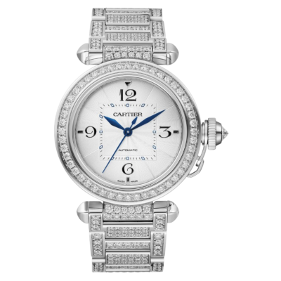 CARTIER PASHA DE CARTIER 35 WHITE GOLD DIAMONDS SILVER DIAL AUTOMATIC REF: WJPA0014