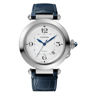 CARTIER PASHA DE CARTIER 41 STEEL SILVER DIAL LEATHER STRAP AUTOMATIC REF: WSPA0010