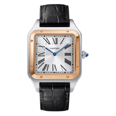 CARTIER SANTOS DUMONT 46.6 x 33.9 YELLOW GOLD/ STEEL SILVER DIAL LEATHER STRAP MANUAL REF: W2SA0017