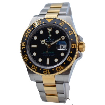 ROLEX GMT MASTER II TWO TONE GOLD/STEEL 40MM BLACK DIAL REF: 116713LN