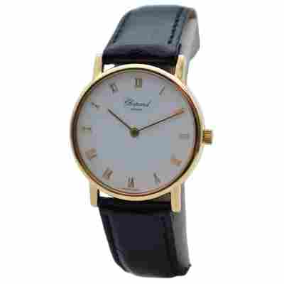 CHOPARD CLASSIQUE 34MM YELLOW GOLD WHITE ROMAN DIAL LEATHER STRAP REF: 16/3154