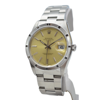 ROLEX OYSTER PERPETUAL DATE 34MM YELLOW DIAL STEEL VINTAGE AUTOMATIC REF: 15210