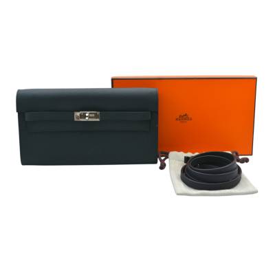 HERMES KELLY TO GO WALLET BLACK EPSOM SILVER-TONE HARDWEAR