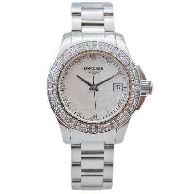 LONGINES CONQUEST 35 QUARTZ STAINLESS STEEL MOP DIAMOND DIAL BOX+PAPERS 2012 REF: L3.280.0.87.6