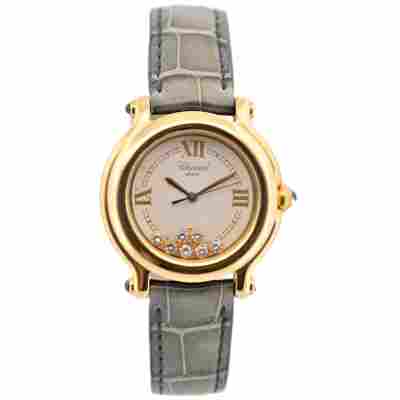CHOPARD HAPPY SPORT 32 MM YELLOW GOLD 7 DIAMONDS WHITE DIAL QUARTZ REF: 27/6137-23