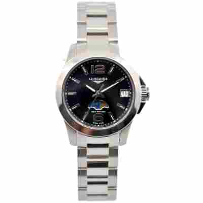 LONGINES CONQUEST 29.5MM BLACK DIAL QUARTZ LADIES BOX+PAPERS REF: L3.380.4.58.6