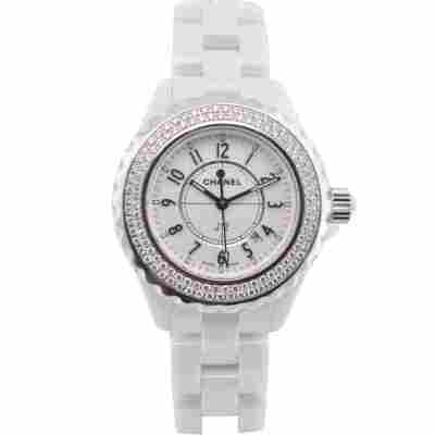 CHANEL LADIES J12 DIAMOND WHITE CERAMIC 34MM ARABIC DIAL QUARTZ REF: H0967