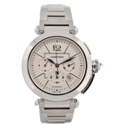 CARTIER PASHA CHRONOGRAPH 42MM STAINLESS STEEL WHITE DIAL AUTOMATIC REF: 2860/W31085M7