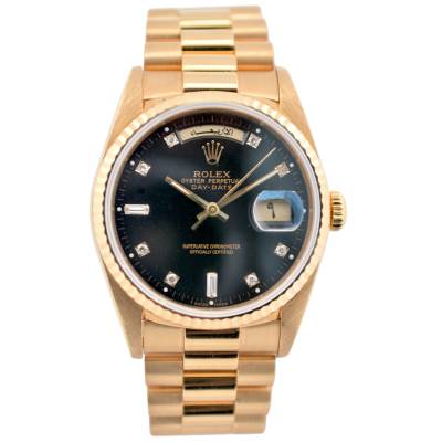 ROLEX DAY-DATE 36 YELLOW GOLD BAGUETTE BLACK DIAL PRESIDENT AUTOMATIC 1993 REF: 18238