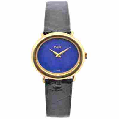 PIAGET VINTAGE YELLOW GOLD 27X24 MM DEEP BLUE DIAL LEATHER STRAP REF: 98120 