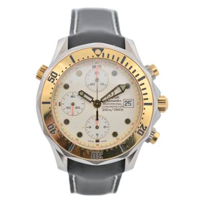 OMEGA SEAMASTER 300M CHRONOGRAPH 41.5 TWO TONE LEATHER STRAP WHITE DIAL REF: 178.0504/2398.20.00 