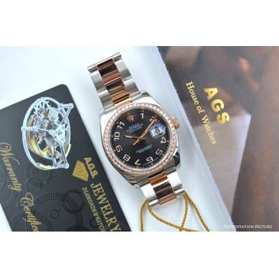 ROLEX DATEJUST 36 TWO TONE EVEROSE CONCENTRIC ARABIC DIAL CUSTOMIZED BEZEL REF: 116201