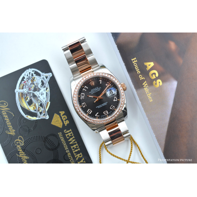 ROLEX DATEJUST 36 TWO TONE EVEROSE CONCENTRIC ARABIC DIAL CUSTOMIZED BEZEL REF: 116201