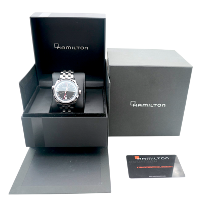 HAMILTON JAZZMASTER GMT 42 AUTOMATIC STAINLESS STEEL BLACK DIAL BOX+PAPERS 2021 REF: H32695131