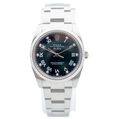 ROLEX AIR KING 34 STEEL BLACK DIAMOND DIAL FLUTED BOX+PAPERS 2013 REF 114234