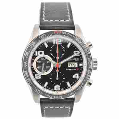 EBERHARD&CO CHAMPION V CHRONO GRAN DATA 43MM BLACK DIAL LEATHER STRAP REF: 31064