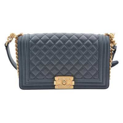CHANEL BAG BOY MEDIUM NAVY BLUE GOLD-TONED HARDWEAR HANDBAG
