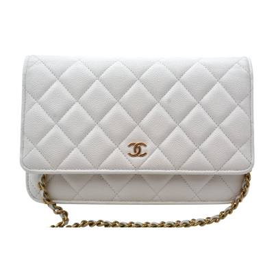 CHANEL CLASSIC FLAP WALLET ON CHAIN CAVIAR WHITE LEATHER