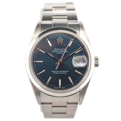 ROLEX OYSTER PERPETUAL DATE 34 BLUE DIAL STEEL AUTOMATIC REF: 15200