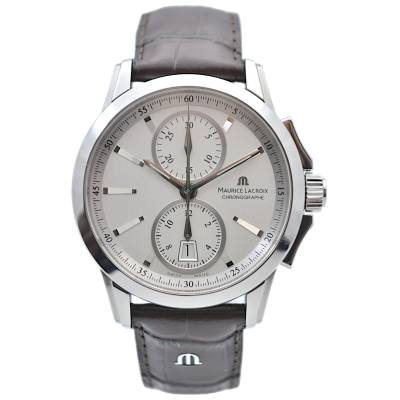 MAURICE LACROIX PONTOS CHRONOGRAPH 42 SILVER DIAL STAINLESS STEEL LEATHER STRAP REF: PT7538/48