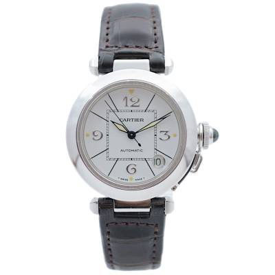 CARTIER PASHA DATE 35 WHITE GOLD WHITE ARABIC DIAL LEATHER STRAP AUTOMATIC REF: 2308 / W3014556