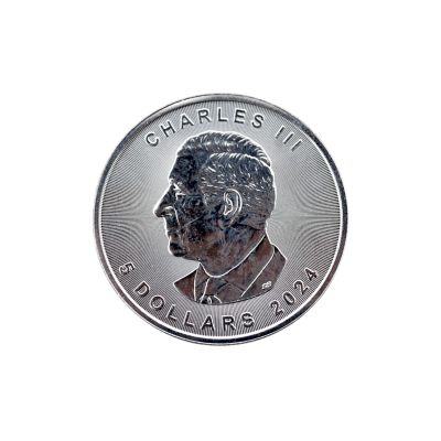 MONEDA DE ARGINT 1 UNCIE (OZ) PURITATE 999 5 DOLLARS CHARLES III CANADA 2024