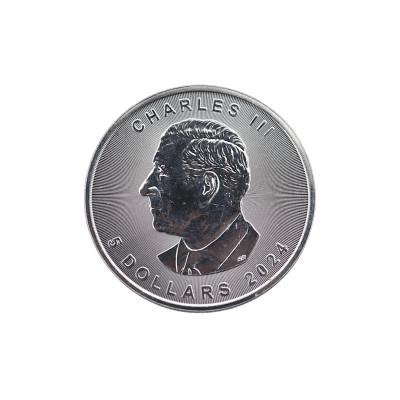 MONEDA DE ARGINT 1 UNCIE (OZ) PURITATE 999 5 DOLLARS CHARLES III CANADA 2024