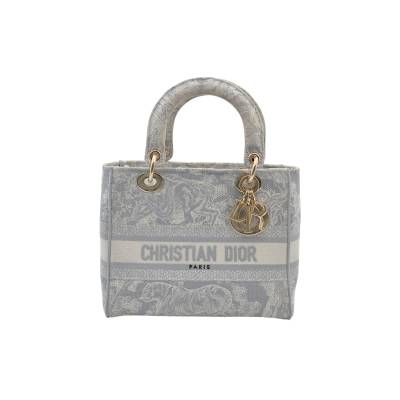 CHRISTIAN DIOR LADY D-LITE MEDIUM GRAY TOILE DE JOUY REVERSE EMBROIDERY