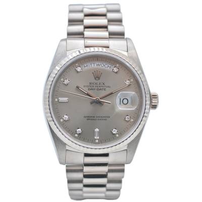ROLEX DAY-DATE PRESIDENT 40MM WHITE GOLD GREY BAGUETTE DIAMONDS DIAL AUTOMATIC 1978 REF: 18039