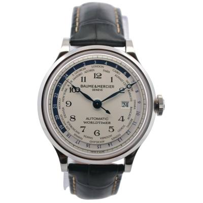BAUME&MERCIER CAPELAND WORLDTIMER 44 STEEL LEATHER STRAP AUTOMATIC REF: 65733 / M0A10106
