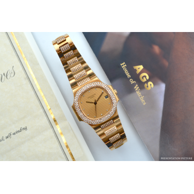 PATEK PHILIPPE NAUTILUS 37.5MM YELLOW GOLD CHAMPAGNE DIAMOND PAVED VINTAGE 1983 REF: 3800/5