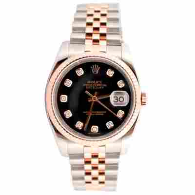 ROLEX DATEJUST 36MM ROSE GOLD&STEEL BLACK DIAMOND DIAL BOX+PAPERS 2008 REF: 116231