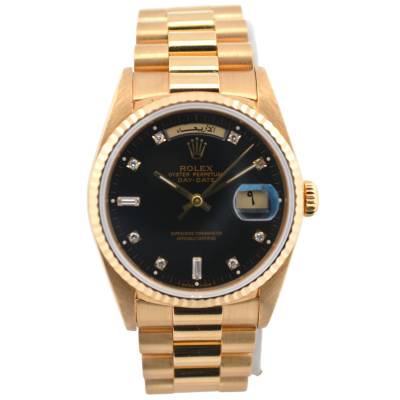 ROLEX DAY-DATE 36 YELLOW GOLD BAGUETTE BLACK DIAL PRESIDENT AUTOMATIC REF: 18238