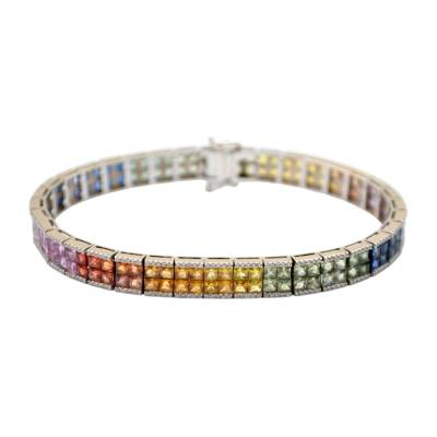 BRATARA TIP TENIS DIN AUR 14K CU DOUA RANDURI DE SAFIRE NATURALE MULTICOLORE