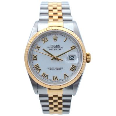 ROLEX DATEJUST 36 TWO TONE WHITE DIAL ROMAN NUMERALS AUTOMATIC JUBILEE 2000 REF 16233