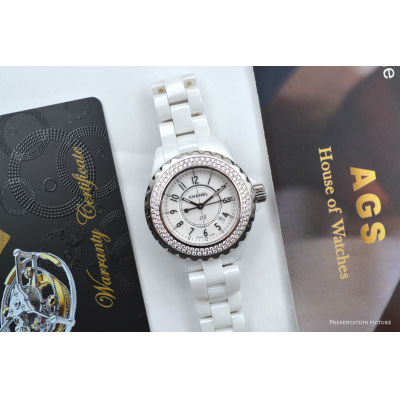 CHANEL LADIES J12 DIAMOND WHITE CERAMIC 34MM ARABIC DIAL QUARTZ REF: H0967