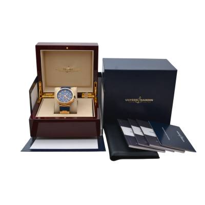 ULYSSE NARDINE MARINE CHRONOGRAPH 43 YELLOW GOLD BLUE DIAL BOX+PAPERS 2015 REF: 1506-150-3/63