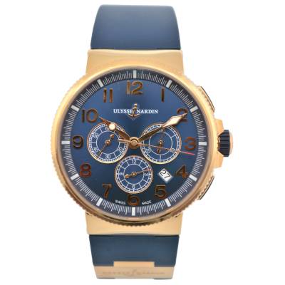 ULYSSE NARDINE MARINE CHRONOGRAPH 43 YELLOW GOLD BLUE DIAL BOX+PAPERS 2015 REF: 1506-150-3/63