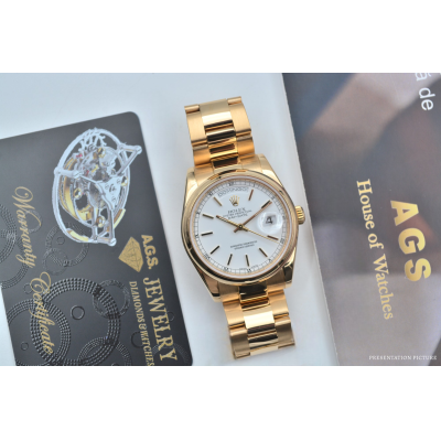 ROLEX DAY-DATE 36 YELLOW GOLD WHITE DIAL OYSTER AUTOMATIC REF: 118208
