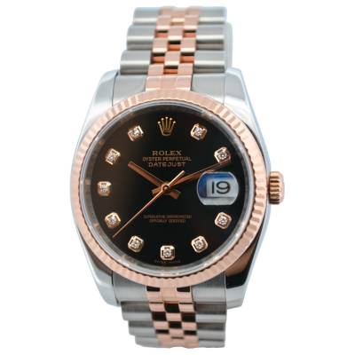 ROLEX DATEJUST 36 TWO TONE EVEROSE BLACK DIAMOND DIAL JUBILEE 2010 REF: 116231