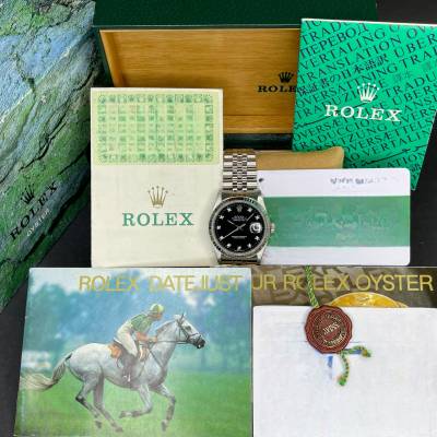 ROLEX DATEJUST 36MM BLACK DIAMOND DIAL STEEL JUBILEE FULL SET 1991 REF: 16234