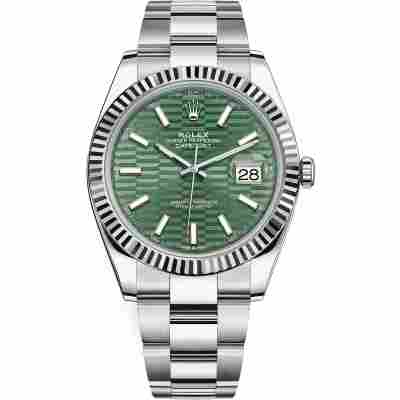 ROLEX DATEJUST 41 MINT GREEN MOTIF DIAL OYSTER STEEL FLUTED BEZEL REF: 126334