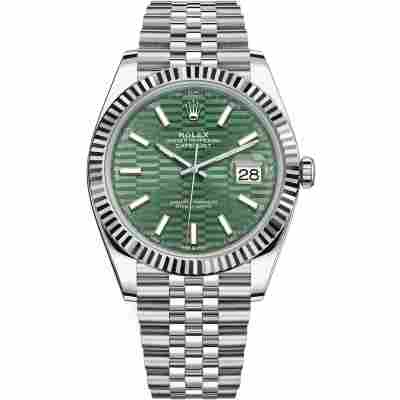 ROLEX DATEJUST 41 MINT GREEN MOTIF DIAL JUBILEE STEEL FLUTED BEZEL REF: 126334