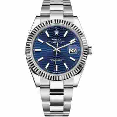 ROLEX DATEJUST 41 BRIGHT BLUE MOTIF DIAL FLUTED BEZEL OYSTER REF: 126334